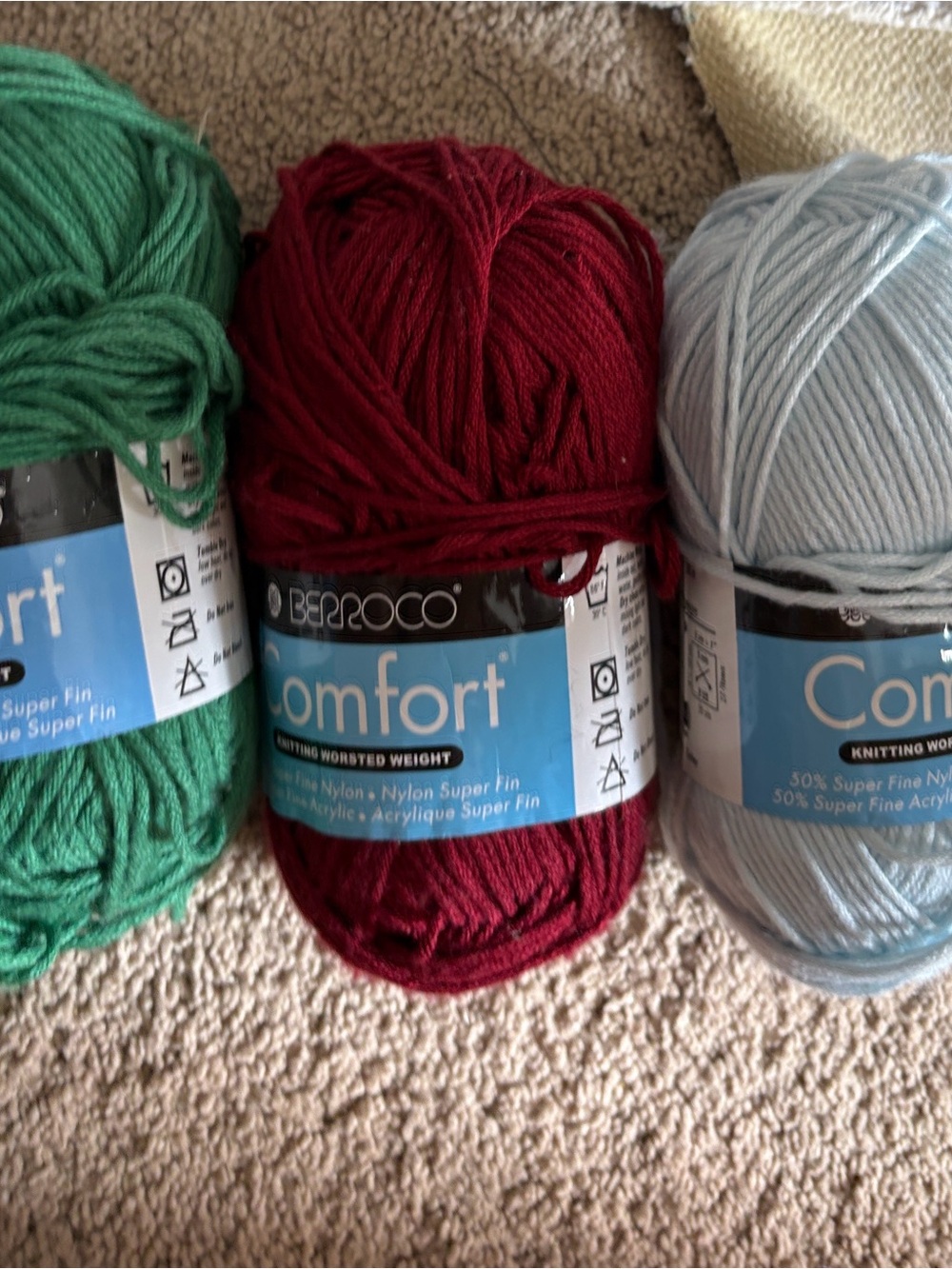 Berroco Comfort Worsted Weight Yarn, lot of 3 - Red, green, baby blue